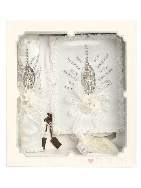 Baby Girls White Mary Ribbon Flower Christening Baptism Candle Set English - SophiasStyle.com