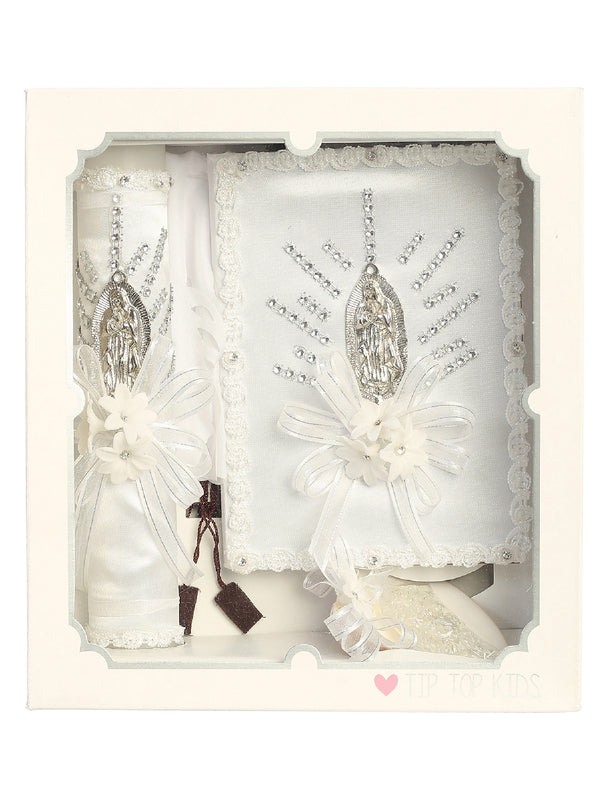 Baby Girls White Mary Ribbon Flower Christening Baptism Candle Set English - SophiasStyle.com