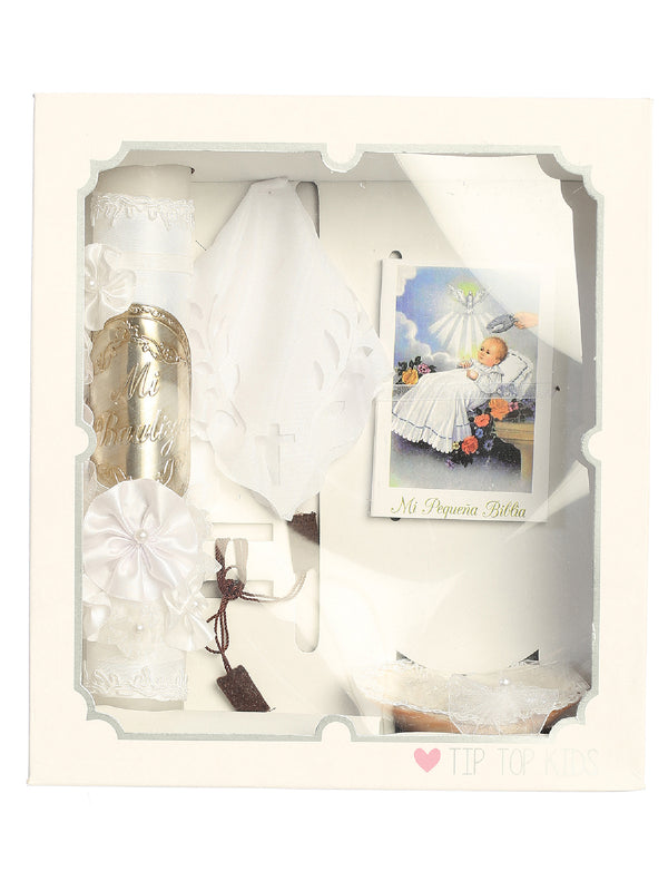 Unisex Baby White Pearl Flower Christening Baptism Candle Set Spanish - SophiasStyle.com