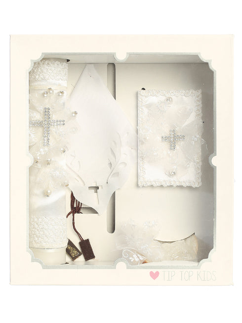 Unisex Baby White Rhinestone Cross Pearl Christening Baptism Candle Set English - SophiasStyle.com