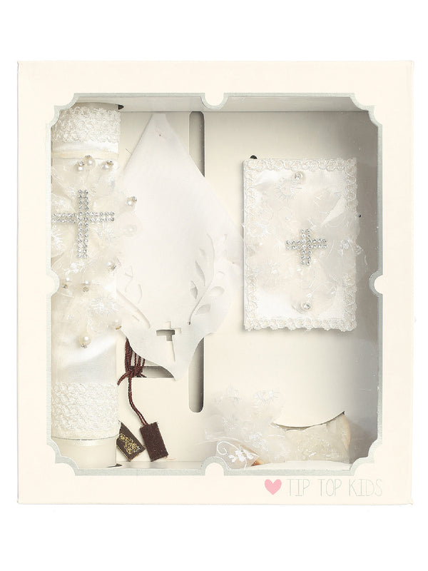 Unisex Baby White Rhinestone Cross Pearl Christening Baptism Candle Set English - SophiasStyle.com