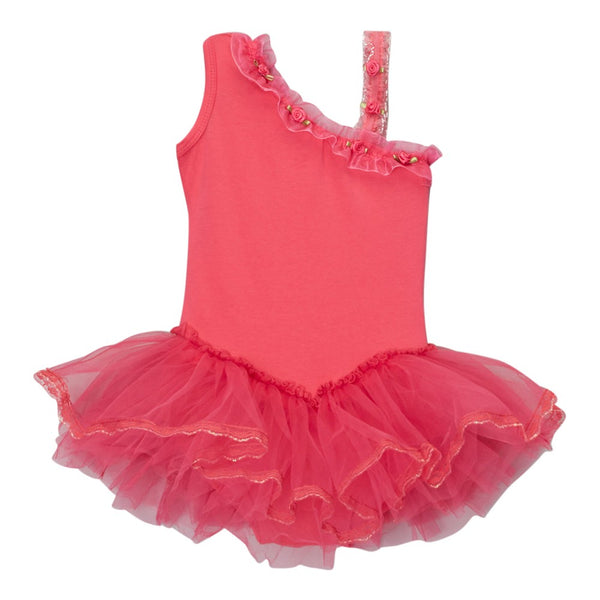 Girls Hot Pink Ruffle Asymmetrical Shoulder Ballet Dress 12M-10 - SophiasStyle.com