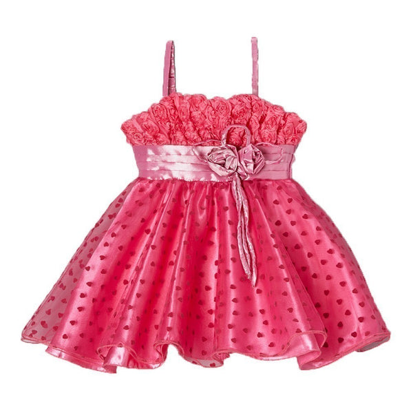 Little Girls Hot Pink Rosette Bodice Heart Print Flowers Attached Dress 0-7 - SophiasStyle.com