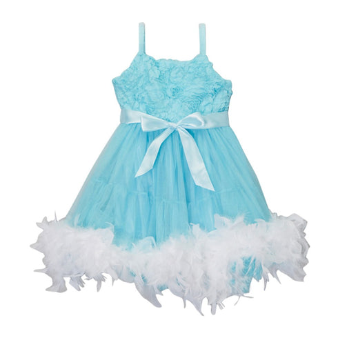 Girls Blue White Frozen Feather Rosette Flower Girl Dress 12M-10 - SophiasStyle.com