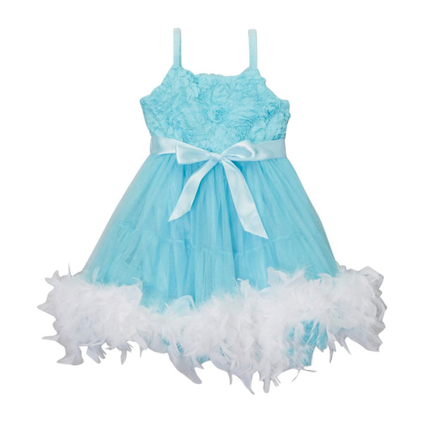Girls Blue White Frozen Feather Rosette Flower Girl Dress 12M-10 - SophiasStyle.com