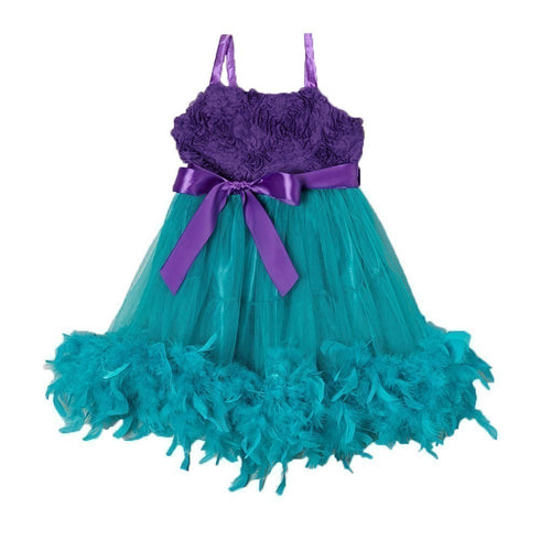 Little Girl Turquoise Purple Feathers Bow Frilly Mermaid Dress 0-7 - SophiasStyle.com