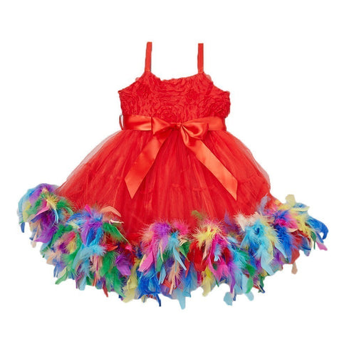 Little Girl Red Multi Color Rainbow Feathers Bow Frilly Dress 0-7 - SophiasStyle.com