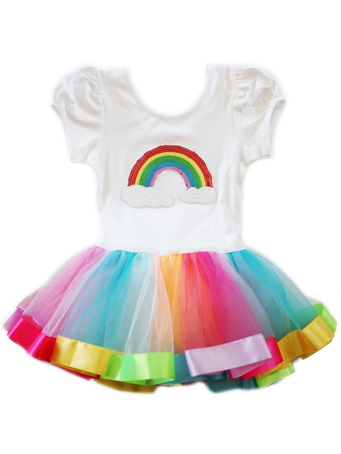 Girls White Multi Rainbow Sequin Applique Ballet Dress 9M-8 - SophiasStyle.com