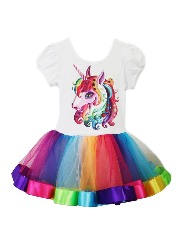 Girls White Multi Rainbow Unicorn Ruffle Ballet Dress 9M-8 - SophiasStyle.com