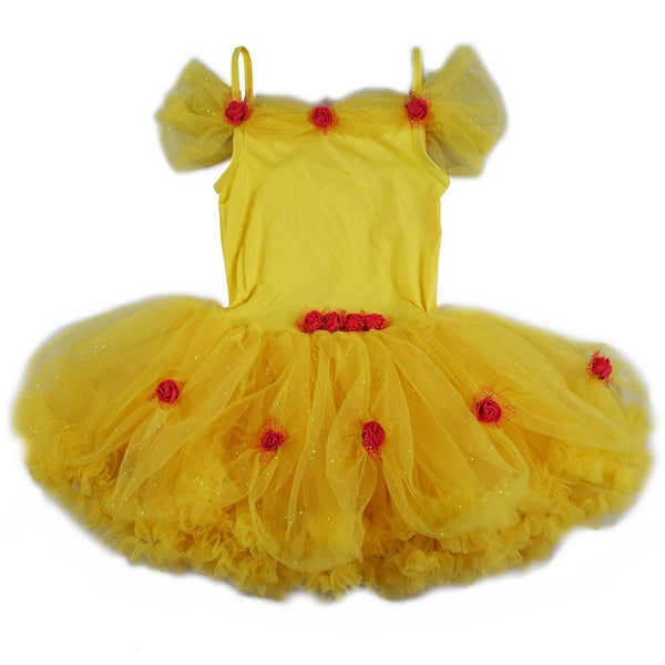 Girls Yellow Rosette Fluffy Belle Halloween Dress S (9-24M)-XL (6-8) - SophiasStyle.com