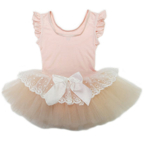 Girls Peach Lace Bow Flutter Sleeve Ballet Dress S (9-24M)-XL (6-8) - SophiasStyle.com