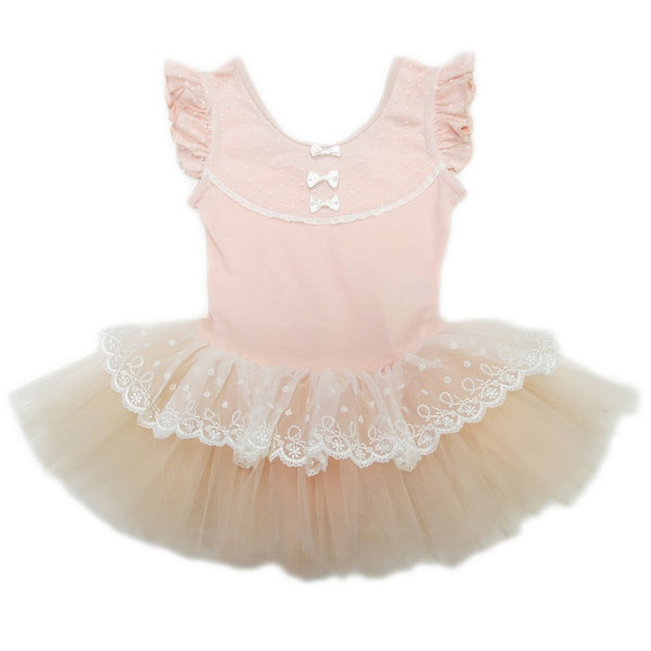 Girls Peach Lace Bow Flutter Sleeve Ballet Dress S (9-24M)-XL (6-8) - SophiasStyle.com