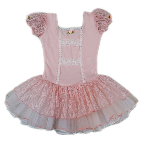 Girls Peach Lace Short Sleeve Fluffy Ballet Dress S (9-24M)-XL (6-8) - SophiasStyle.com