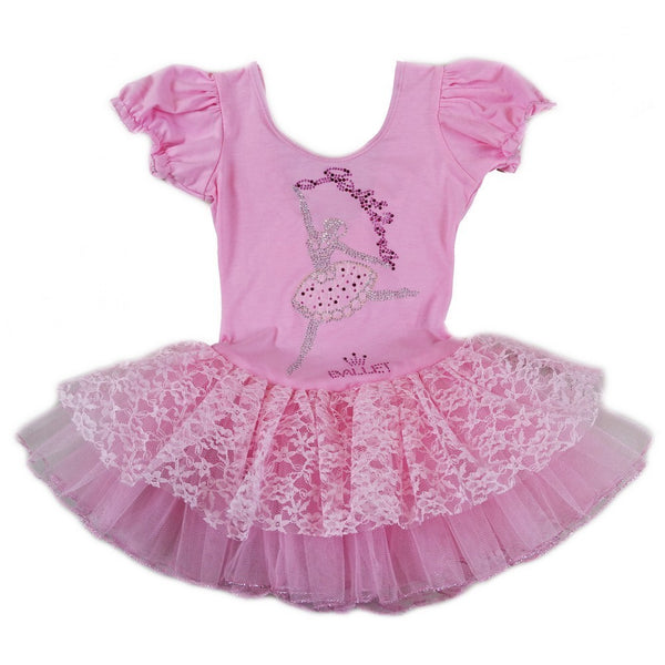 Little Girls Pink Lace Rhinestone Short Sleeve Ballet Dress 24M-8 - SophiasStyle.com