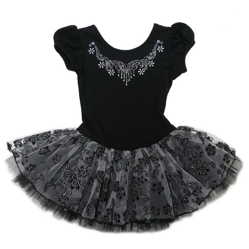 Little Girls Black Silver Flowers Short Sleeve Ballet Dress 24M-8 - SophiasStyle.com