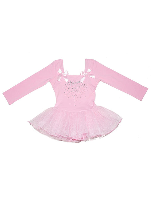 Girls Pink Rhinestone Bow Accent Long Sleeve Ballet Dress 9M-8 - SophiasStyle.com