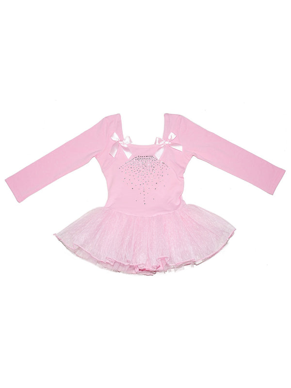 Girls Pink Rhinestone Bow Accent Long Sleeve Ballet Dress 9M-8 - SophiasStyle.com