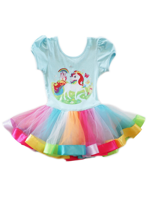Girls Blue Unicorn Rainbow Print Banded Hem Ballet Dress 9M-8 - SophiasStyle.com