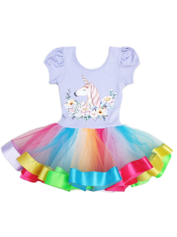 Girls Lavender Multi Floral Unicorn Rainbow Ballet Dress 9M-8 - SophiasStyle.com