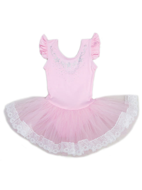Girls Pink Rhinestone Star Lace Trim Ballet Leotard Dress 9M-8 - SophiasStyle.com