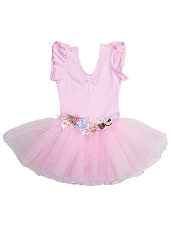 Girls Pink 3D Flowers Silver Trim Ballet Dress 24M-6 - SophiasStyle.com