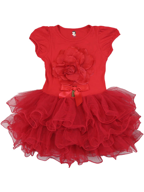 Girls Red 3D Flower Bow Applique Short Sleeve Tutu Dress 9M-10 - SophiasStyle.com