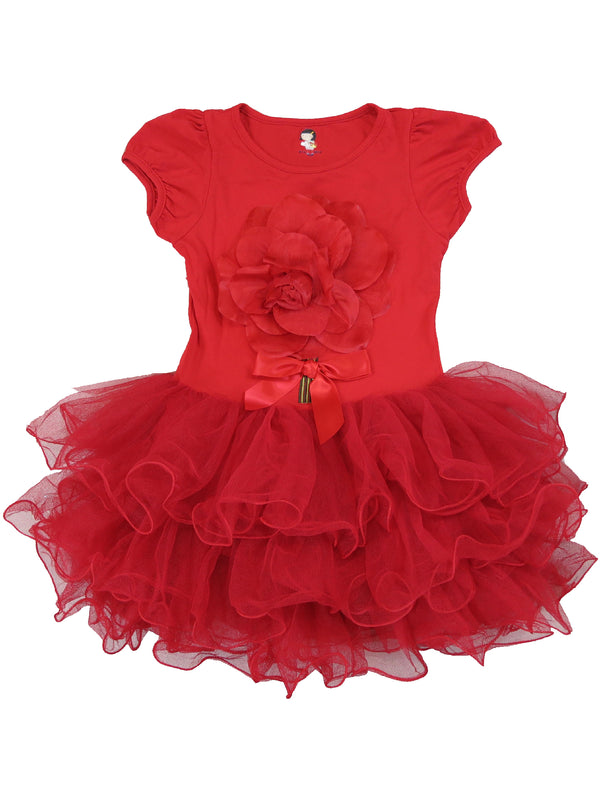 Girls Red 3D Flower Bow Applique Short Sleeve Tutu Dress 9M-10 - SophiasStyle.com