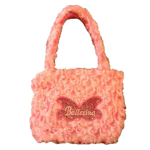 Girls Pink Fuzzy Velvet Glitter Butterfly Ballerina Applique Purse - SophiasStyle.com