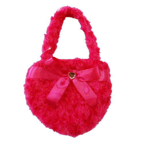 Girls Hot Pink Fuzzy Velvet Sparkle Stone Bow Attached Heart Purse - SophiasStyle.com