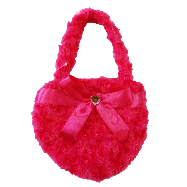 Girls Hot Pink Fuzzy Velvet Sparkle Stone Bow Attached Heart Purse - SophiasStyle.com