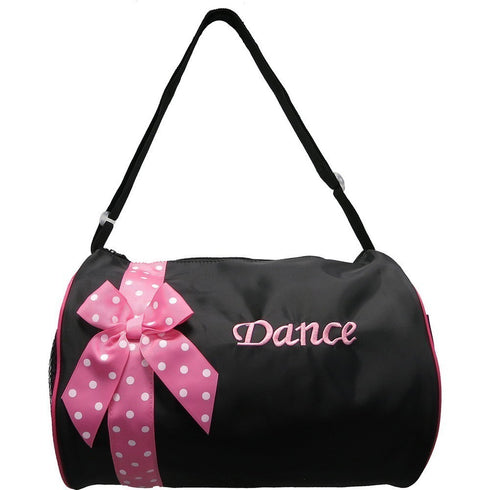 Girls Black Pink Polka Dot Ribbon Detail Stylish Dance Duffel Bag - SophiasStyle.com