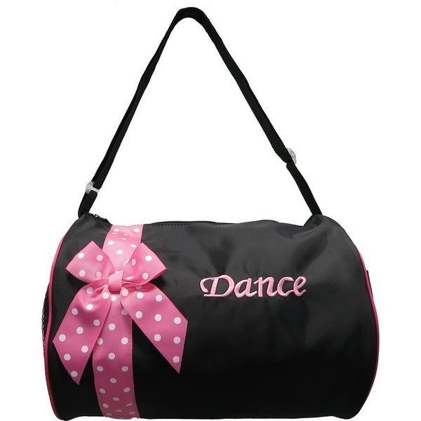 Girls Black Pink Polka Dot Ribbon Detail Stylish Dance Duffel Bag - SophiasStyle.com