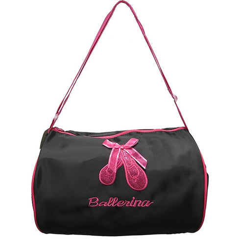 Girls Black Dark Pink Ballet Shoes Embroidery "Ballerina" Duffel Bag - SophiasStyle.com