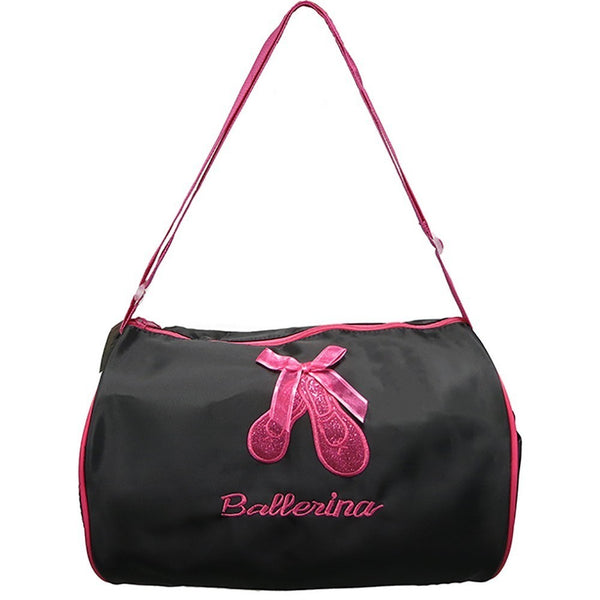 Girls Black Dark Pink Ballet Shoes Embroidery "Ballerina" Duffel Bag - SophiasStyle.com