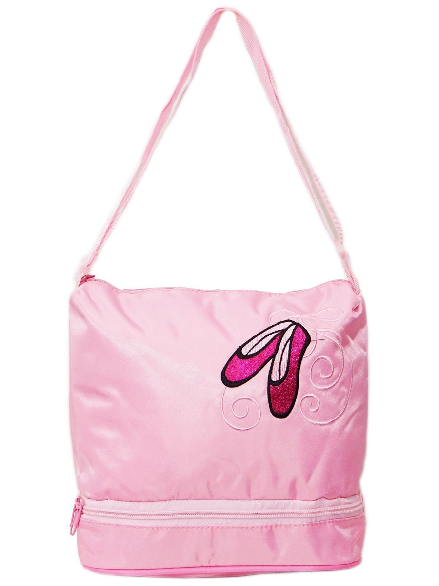 Girls Pink Ballet Shoe Applique Dual Compartment Zippered Dance Bag
