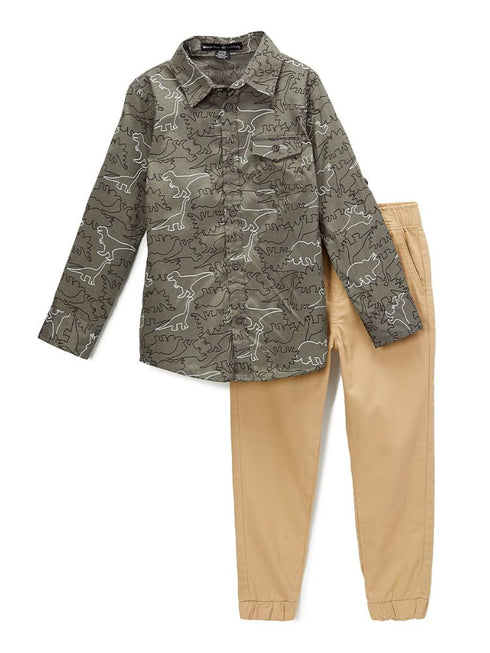 Beverly Hills Polo Club Boys 2 Piece Dino Print Dress Shirt Twill Pants Outfit, Sizes 4-7 - SophiasStyle.com