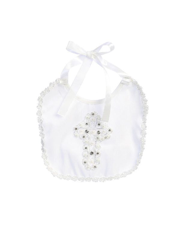 Tip Top Kids Unisex Baby White Rhinestone Pearl Cross Trimmed Satin Bib - SophiasStyle.com