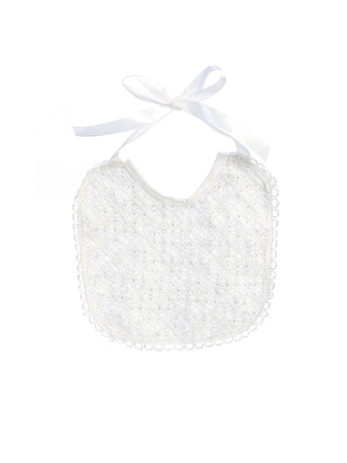Tip Top Kids Unisex Baby White Diamond Pattern Cross Trimmed Satin Bib - SophiasStyle.com