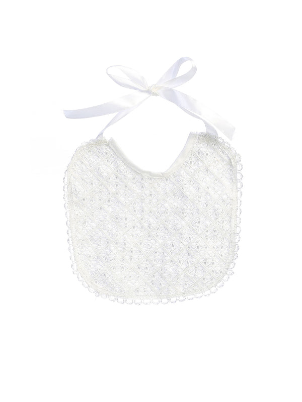Tip Top Kids Unisex Baby White Diamond Pattern Cross Trimmed Satin Bib - SophiasStyle.com