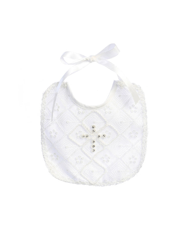 Tip Top Kids Unisex Baby White Rhinestone Cross Trimmed Satin Bib - SophiasStyle.com