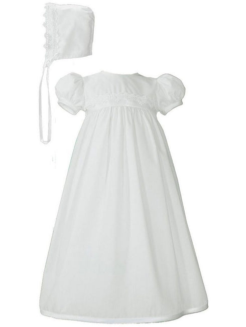 Baby Girls White Poly Cotton Lace Trim Bonnet Christening Gown NB-24M - SophiasStyle.com