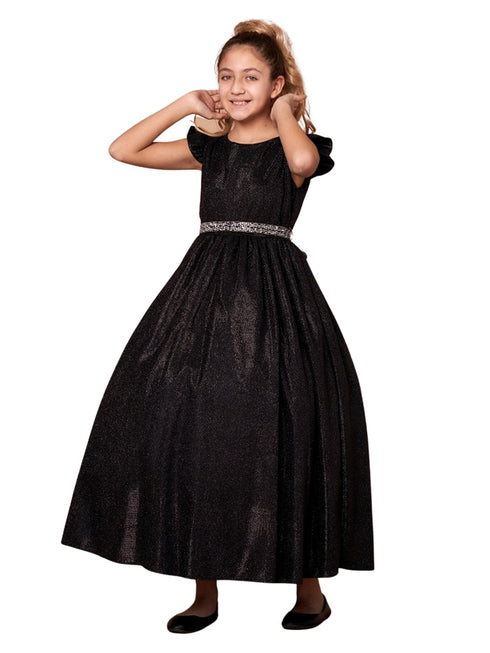 Little Girls Black Metallic Flutter Sleeve Flower Girl Dress 2-6 - SophiasStyle.com