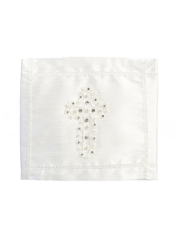 Tip Top Kids Unisex Baby White Rhinestone Pearl Embroidered Baptism Blanket - SophiasStyle.com