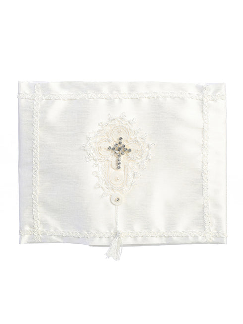 Unisex Baby White Rhinestone Pearl Embroidered Cross Tassel Baptism Blanket - SophiasStyle.com