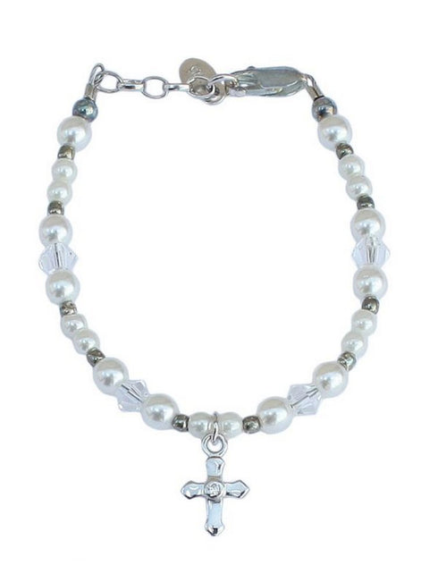 Little Things Mean A Lot Girls Silver Pearl Crystal Cross Bracelet 0-5 - SophiasStyle.com