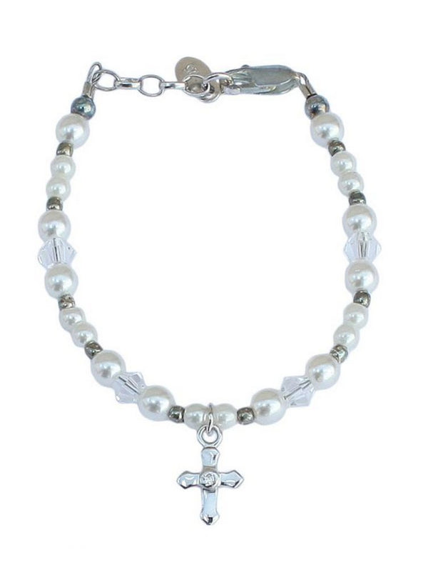 Little Things Mean A Lot Girls Silver Pearl Crystal Cross Bracelet 0-5 - SophiasStyle.com