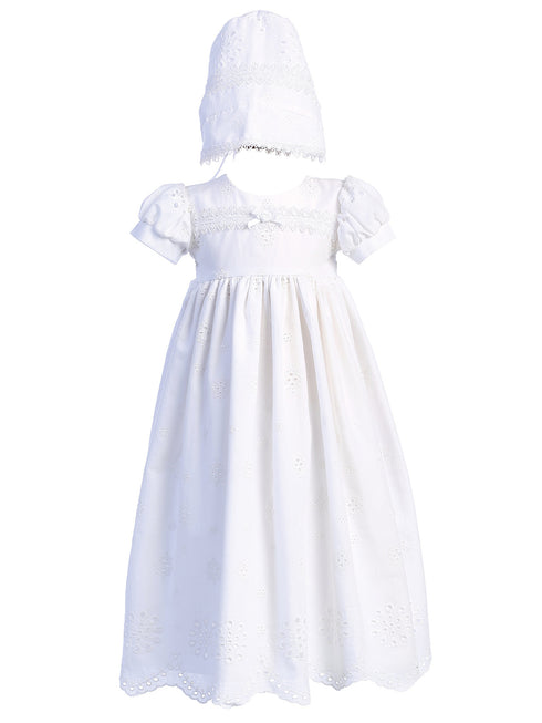 Lito Baby Girls White Embroidered Cotton Eyelet Christening Gown 0-18 Months - SophiasStyle.com