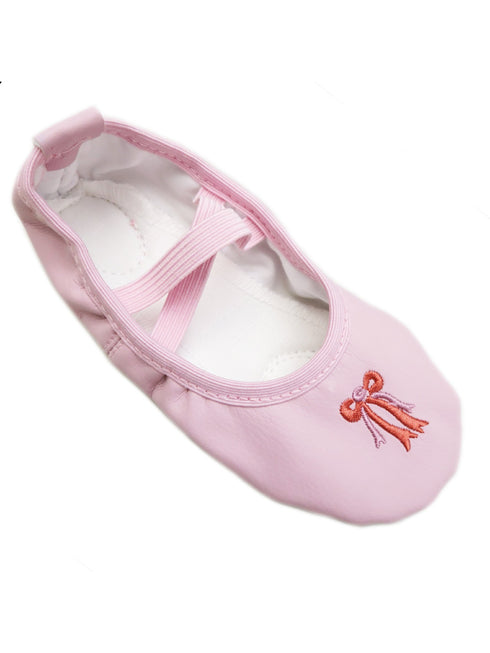 Big Girls Pink Leather Red Bow Detail Ballet Shoes 11-13 Kids - SophiasStyle.com