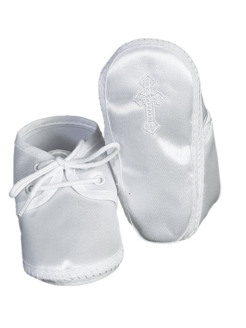 Lito Boys White Embroidered Cross Satin Christening Booties 0 Baby - 5 Toddler - SophiasStyle.com