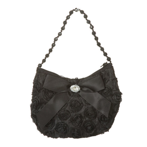 Girls Black Rosette Rhinestone Beaded Handle Ribbon Bow Accent Bag Purse - SophiasStyle.com